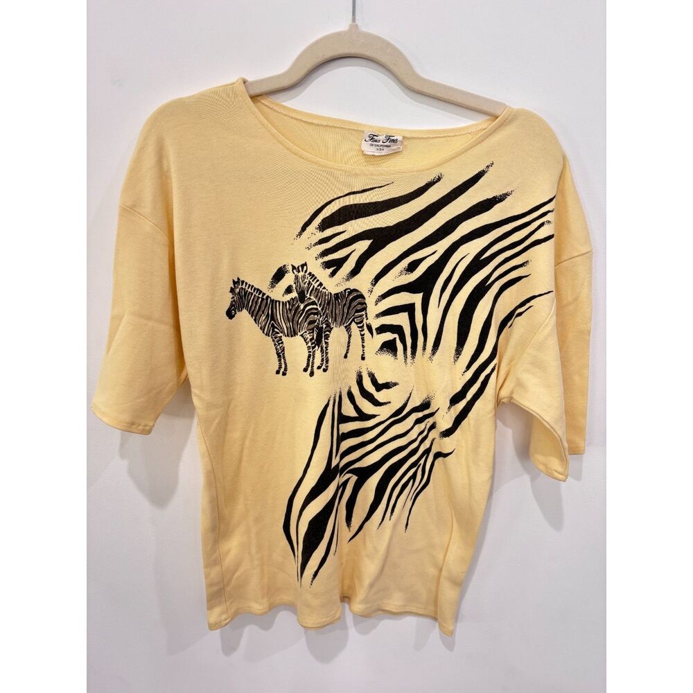 Vintage Fina Fina Zebra Graphic Tee Yellow Cotton T-Shirt Small Medium